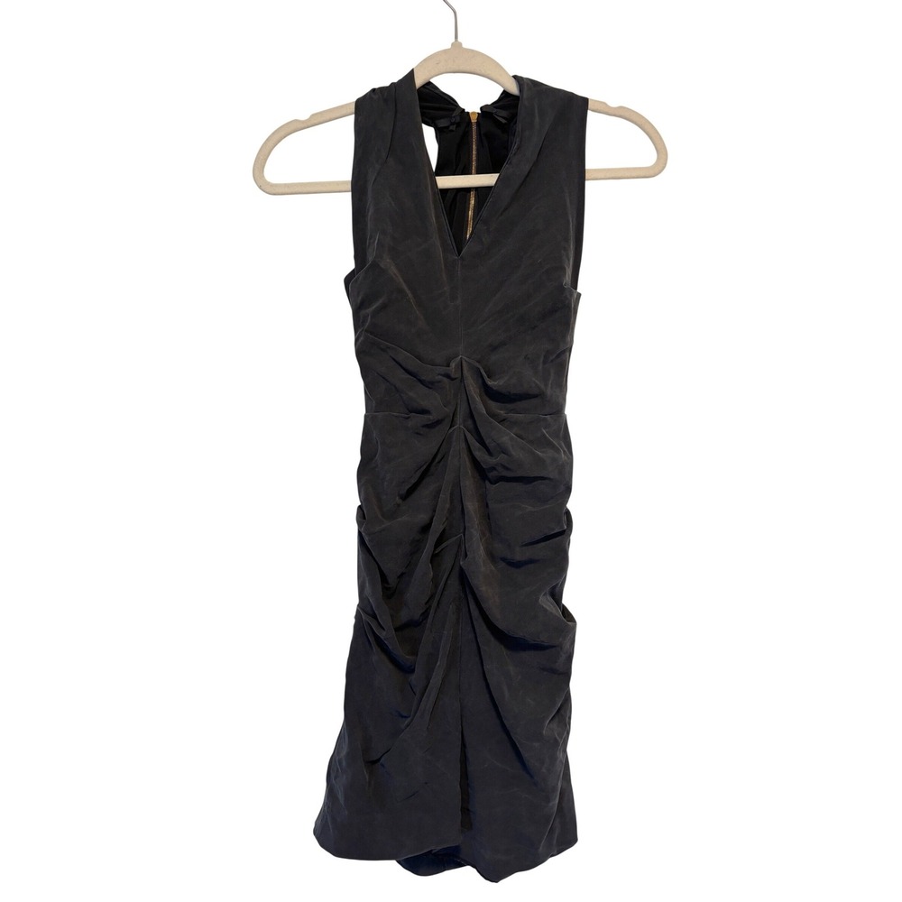 Nicole Miller Collection Black Silk Ruched Bodycon V-Neck Mini‎ Dress Size 2